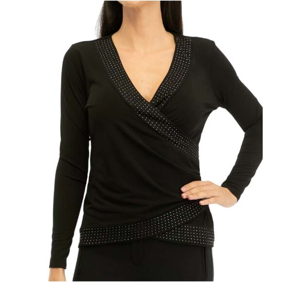 Michael Kors Women's MH3518W03G Size L Black Rhinestone Border Blouse Top NWT - Picture 1 of 9